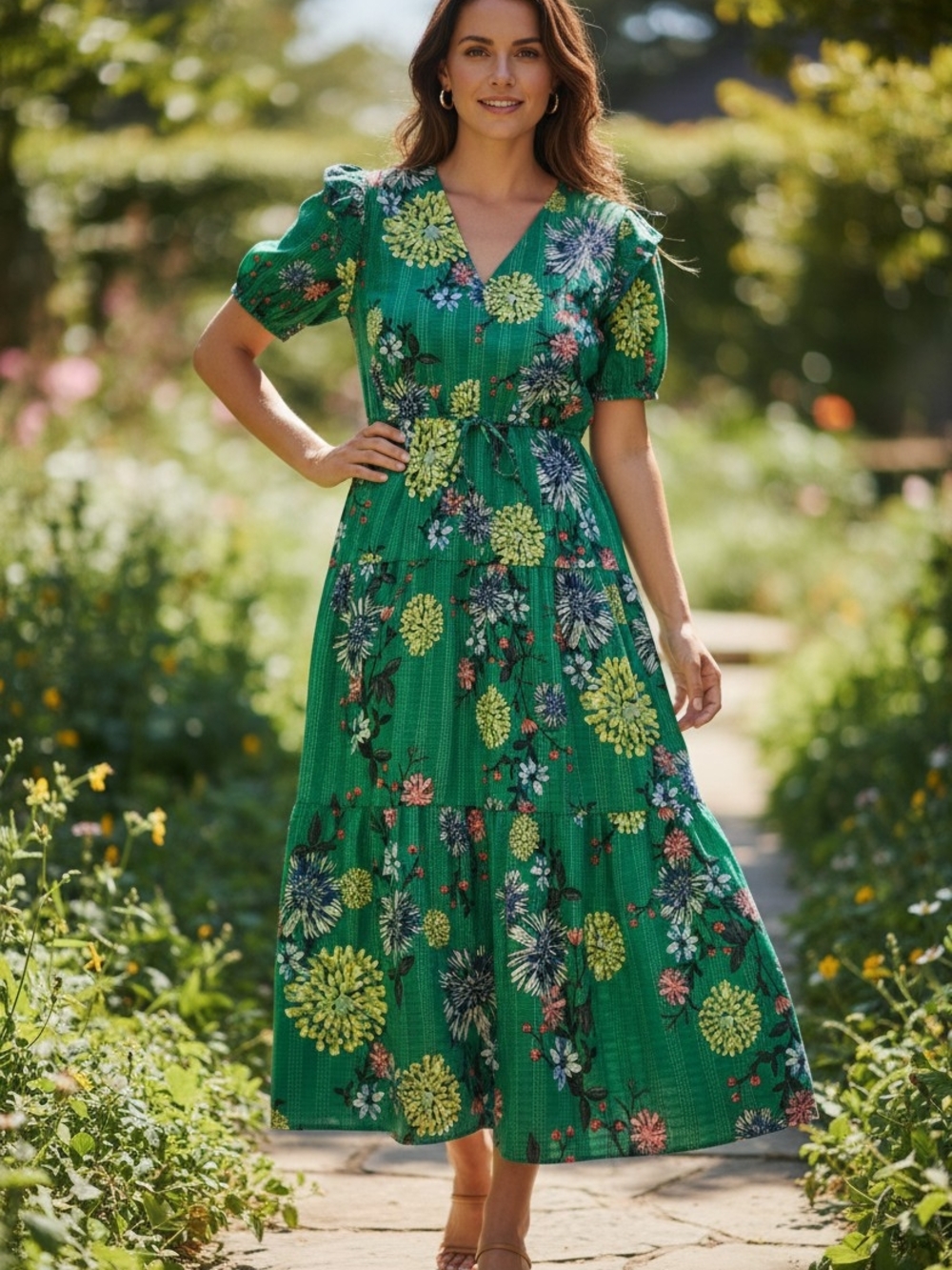 LOFT Green Floral Tiered Maxi Dress Flutter Sleeve Drawstring Waist Size Small